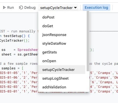 Apps Script dropdown showing setupCycleTracker